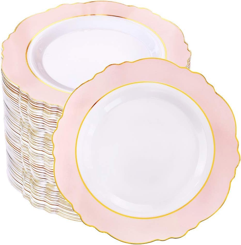 WDF 60pcs Pink Dessert Plates - 7.5inch Baroque Pink &White Disposable Dessert/Appetizer Small Cute Cake Plates for Upscale Parties &Wedding-Special for Bridal Shower, Brithday, Baby Shower