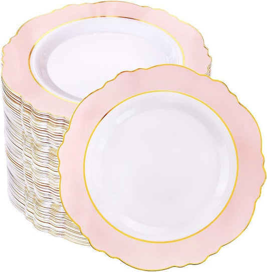 WDF 60pcs Pink Dessert Plates - 7.5inch Baroque Pink &White Disposable Dessert/Appetizer Small Cute Cake Plates for Upscale Parties &Wedding-Special for Bridal Shower, Brithday, Baby Shower