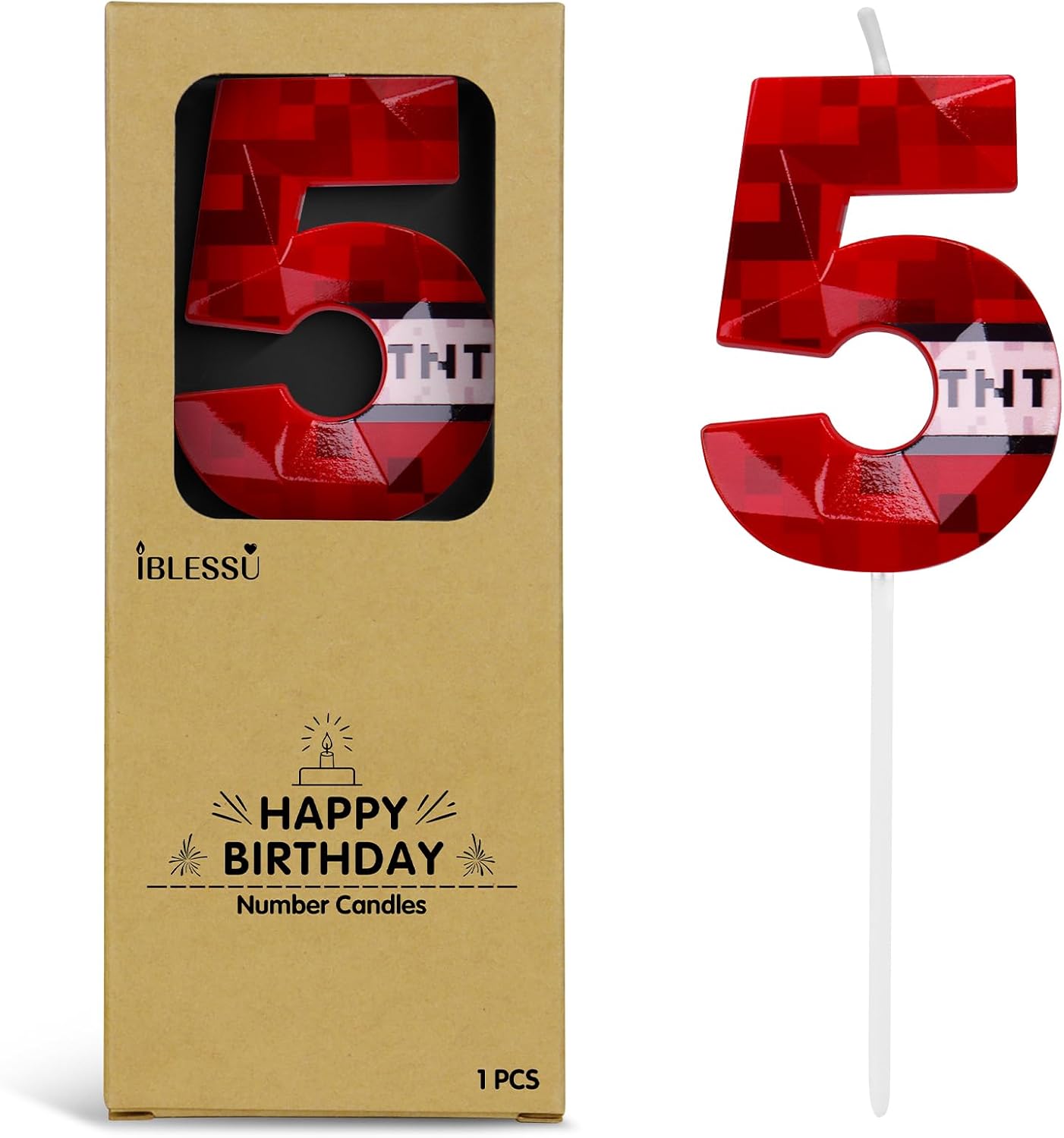 Pixel Birthday Candle, 2.68 Inch Miner Number Candles, Game Themed Candle Birthday Decoration for Pixel Theme Birthday Anniversary Dynamite Video Game Party (Red, 5)