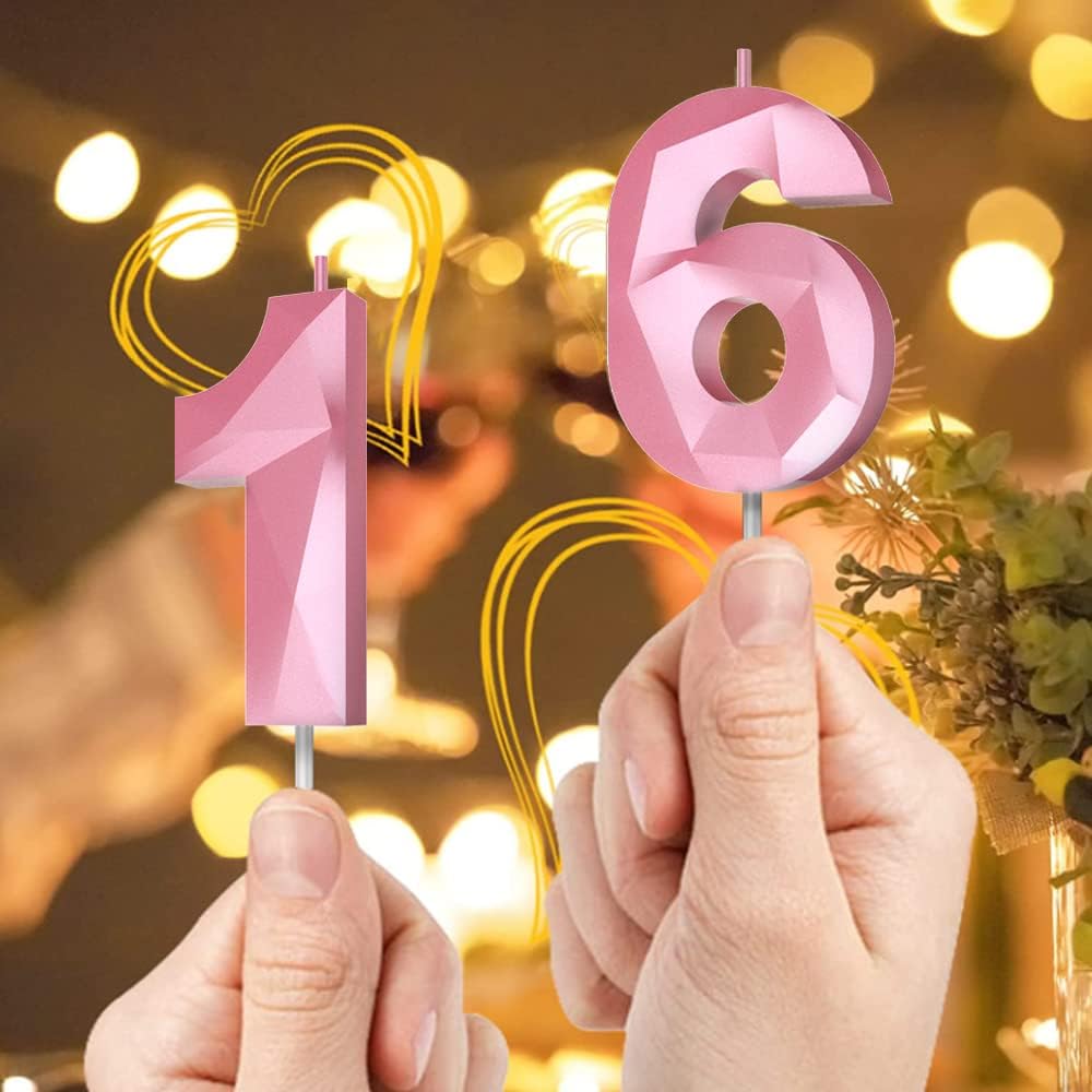 Number Birthday Candles(9 Candle Pink) 3D Diamond Shape 9th Happy Birthday Cake Topper Decorations for Girl Women Birthday Wedding Anniversary Celebration Theme Party Supplies