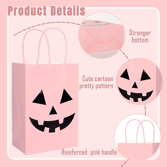 JarThenaAMCS 24Pcs Halloween Kraft Paper Bags with Handles Jack O' Lantern Gift Bags Pink Black Pumpkin Candy Goodie Bags for Birthday Trick or Treat Party Supplies