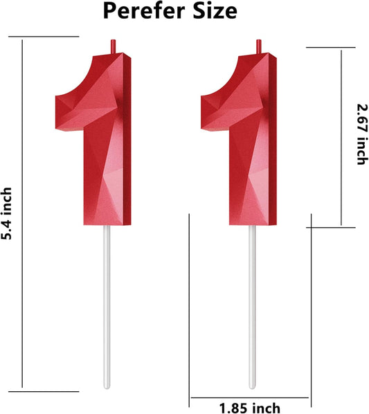 Number Birthday Candles(11 Candle Red) 3D Diamond Shape Number Happy Birthday Cake Candles for Birthday Party Wedding Decoration Reunions Theme Party