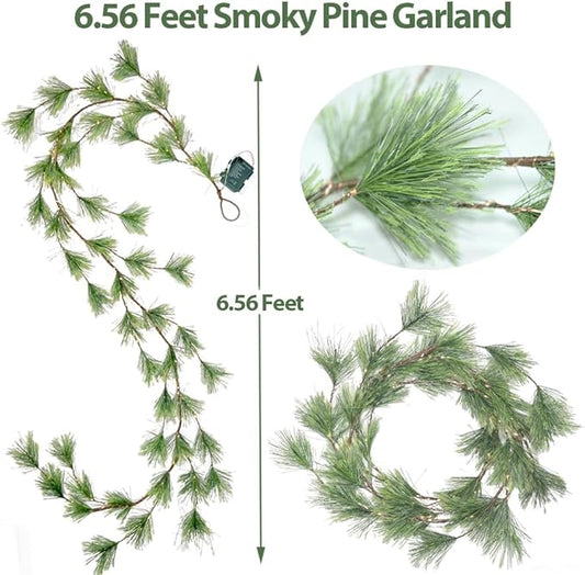 2025 New 6.56FT Christmas Pine Garland Lights 96 Warm White LED Lights 8 Flash Modes Battery Operated with Timer Lighted Smoky Pine Garland for Mantle Fireplace Indoor Home Christmas Decoration