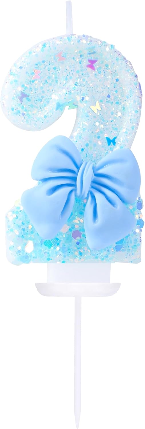 2 Birthday Candles Blue Bow Number 2 Cake Candles, Baby 2nd Cake Topper Decorations for Kids Pets Pastel Birthday Party Supplies (Number 2)