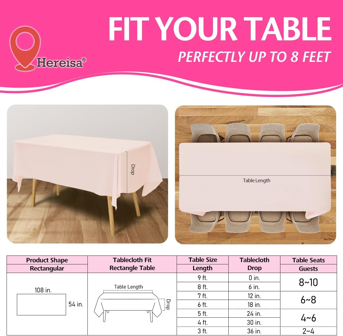 Disposable Plastic Tablecloth Light Pink 54x108 Inch, 5-Pack Waterproof Rectangular Table Cover for Parties, Picnics, Dining Protection