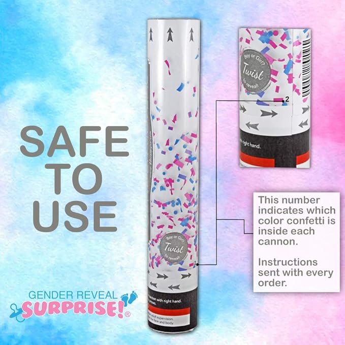 Gender Reveal Confetti Cannon Poppers(2 Pack - Pink) Gender Reveal Surprise - Colorful Confetti