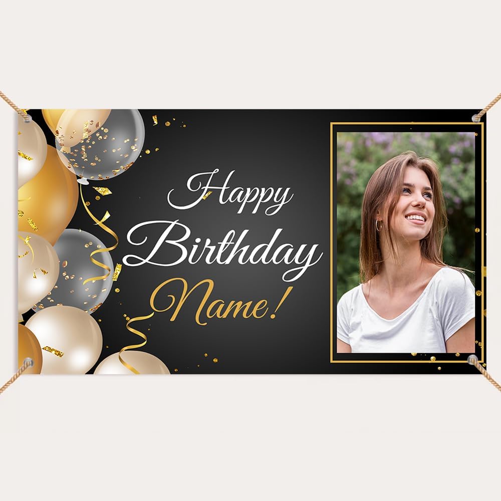 Generic Personalized Happy Birthday Banner, Customized With Photo And Name, Indoor And Outdoor Use, 12x24 inches, Red