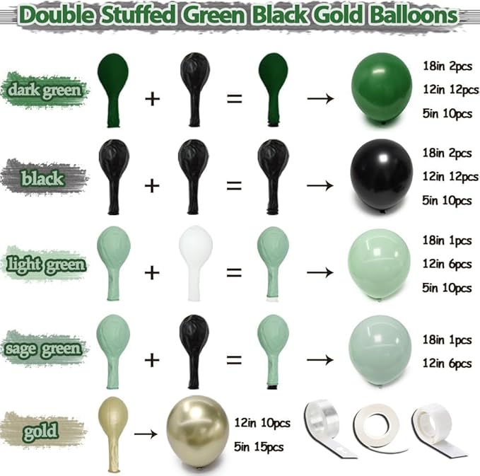 Green Black Balloon Arch, Double Stuffed Dark Sage Light Green Gold Balloon Garland for Birthday Baby Shower Graduation Jungle St Patricks Day Party Decorations