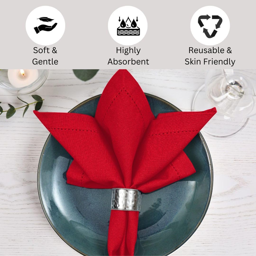 Hemstitch Cloth Dinner Napkins 100% Cotton Set of 12 - for Dining Special Occasions Weddings Parties Holidays Easter - Soft Durable Reusable - Elegant 18x18 Inch Table Cloth Napkins Red