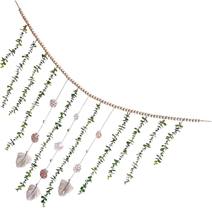Wooden Bead Fake Vines Garland with Eucalyptus Leaves Shells Lightweight Wall Hanging Decor for Bedroom Living Party Versatile Home Decoration