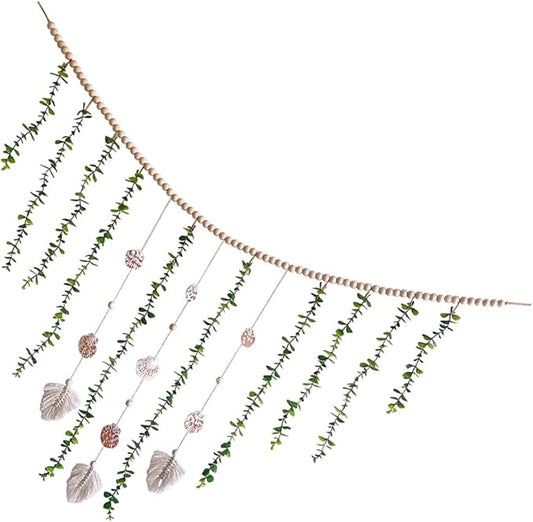 Wooden Bead Fake Vines Garland with Eucalyptus Leaves Shells Lightweight Wall Hanging Decor for Bedroom Living Party Versatile Home Decoration