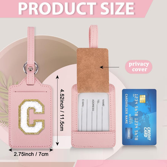 Personalized Initial Luggage Tags for Suitcases, Leather Chenille Letter Cute Luggage Tags with Privacy Name Card, Embroidered Travel Bag Backpack Tags Gifts for Women Kids Girls Teens(Pink-C)