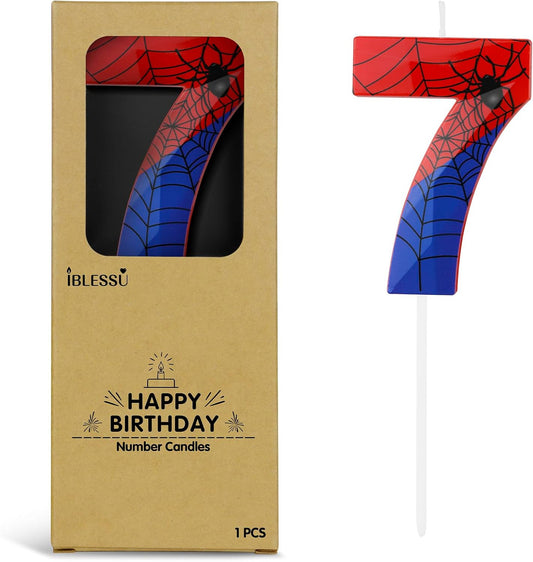 Number 7 Spider Themed Birthday Candle, 2.68 Inch Red Blue Spider Birthday Candles, Number Candles Birthday Cake Toppers Web Candles for Boy Girl Spider Party Decoration Supplies Halloween Party
