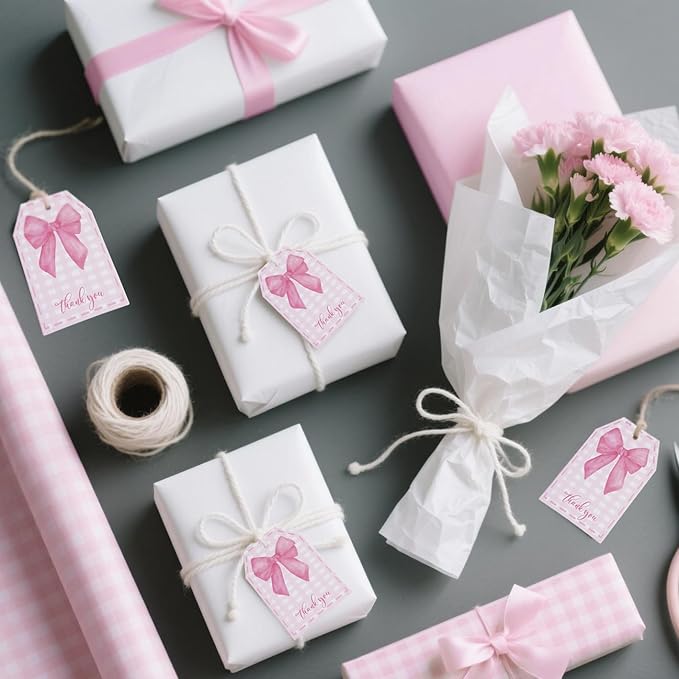 ASYEHJNR 100Pcs Pink Bow Gift Tags with String Pink Buffalo Plaid Large Gift Tags with 65Ft White String Cute Thank You White Paper Tag for Coquette Birthday Baby Shower Wedding Gift Wrap Tag