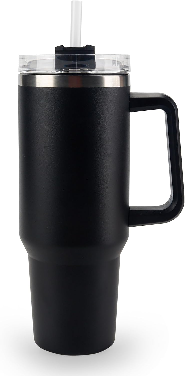 40 oz Tumbler with Handle and Straw Spill Proof Large Travel Coffee Mug Insulated Reusable Stainless Steel Cup with Lid Fit for Car Cup Holder (Black)
