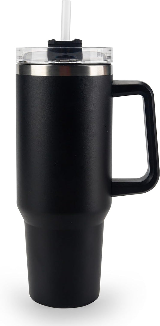 40 oz Tumbler with Handle and Straw Spill Proof Large Travel Coffee Mug Insulated Reusable Stainless Steel Cup with Lid Fit for Car Cup Holder (Black)