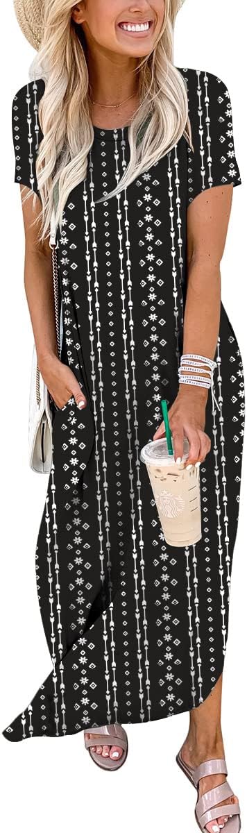 ANRABESS Womens Summer Maxi Dress Short Sleeve Casual Loose Long T Shirt Dresses Split Vacation Beach Sundress Travel Outfits