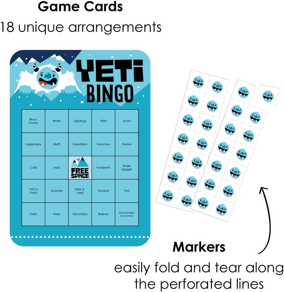 Big Dot of Happiness Yeti to Party - Bingo Cards and Markers - Abominable Snowman Party or Birthday Party Bingo Game - Set of 18