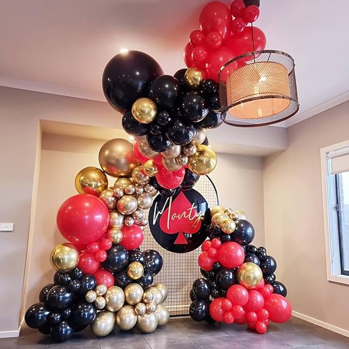 Red Black and Gold Balloons Arch Kit, 162pcs Different Sizes with Black Red Chrome Gold Confetti Balloons for Graduation Prom Movie Night Vegas Casino Hollywood Theme Party Decorations