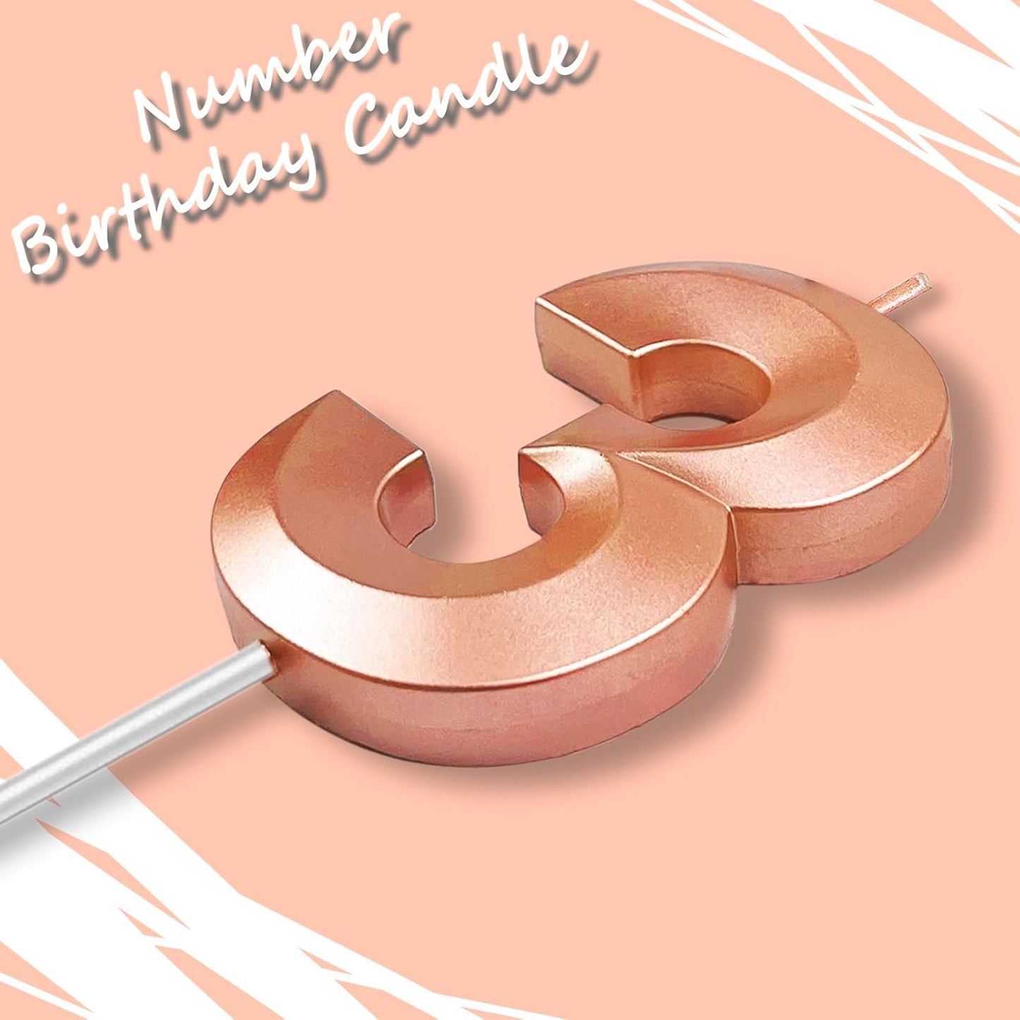 Rose Gold Number 3 Candles, 3D Diamond 2.76 Inch Cake Topper Birthday Candles for Wedding Anniversary Cake Decorations, Happy Birthday Party Decorations