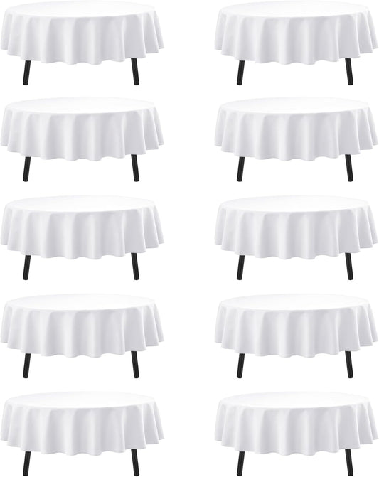 10-Pack White Round Tablecloths, 84 Inches, Stain-Resistant Polyester for 3-5 Ft Round Tables - Washable Table Covers for Weddings, Banquets, Birthday Parties, Events