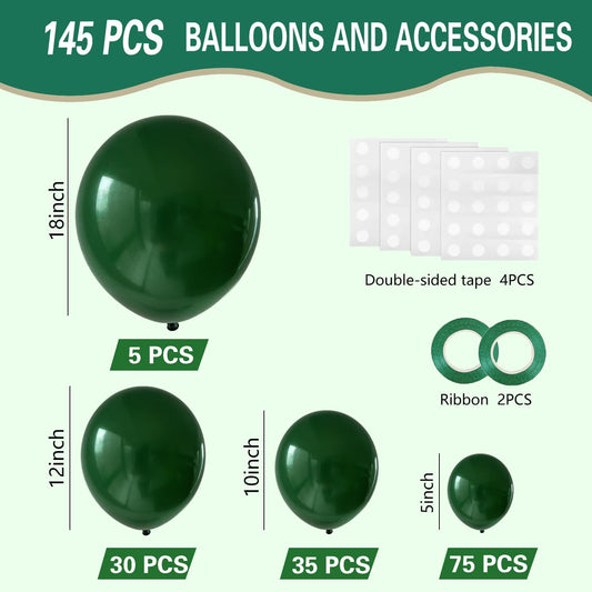 Dark Green Balloons 145pcs Different Sizes 18 12 10 5 Inch Forest Green Balloons for Birthday Wedding Baby Shower Jungle Summer Theme Anniversary Celebration Decoration