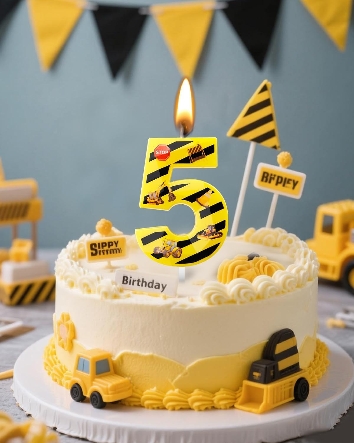 Number 5 Construction Birthday Candle, 2.68 Inch Yellow and Black Striped Candle, Birthday Candles Numbers Construction Cake Topper for Boys Girls, Construction Birthday Party Supplies Decorations