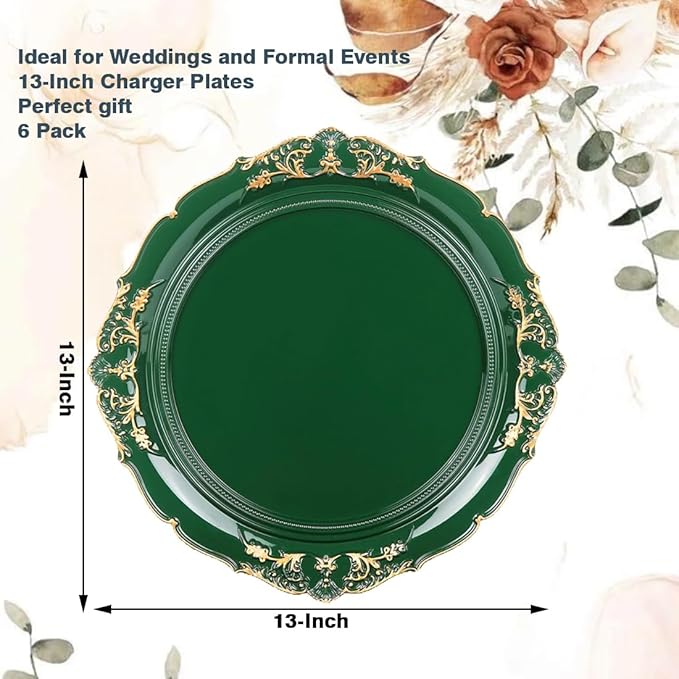 Green Charger Plates, 13 Inch Embossed Chargers for Dinner Plates. Plastic Charger for Wedding, Party. (Set of 6)