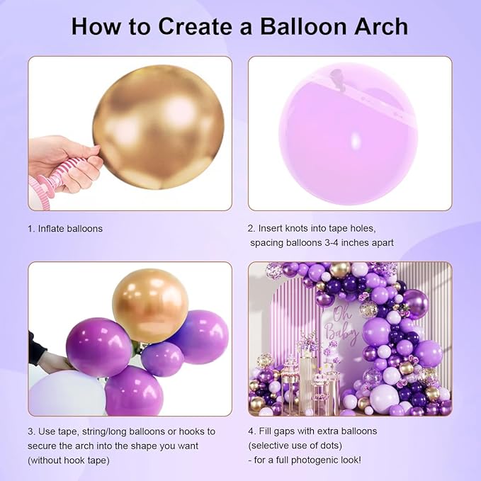 MEBAY Purple Black and Gold Balloon Arch Kit, 147PCS Latex Balloons Different Sizes 18 12 10 5 inch for Baby Shower Girl Princess Birthday Wedding Engagements Anniversary Party Decoration