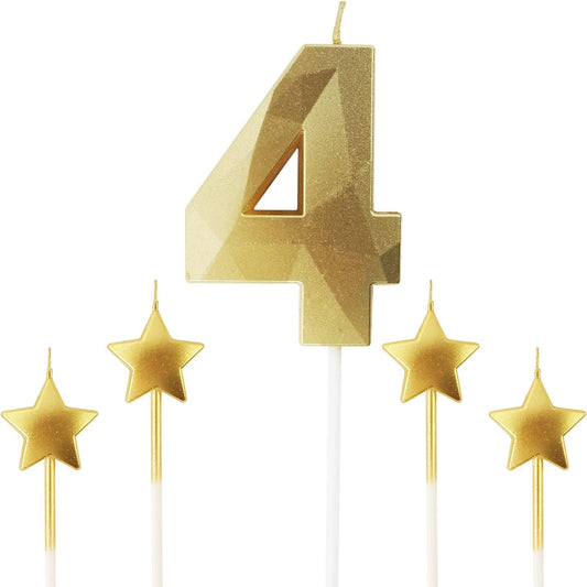 Golden Number 4 Birthday Candles and Star Birthday Candles 2.76 inch Birthday Cake Candles 3D Diamond Shaped Candles are Suitable for Birthday Parties and Anniversary Cake Decorations Candles(Gold 4