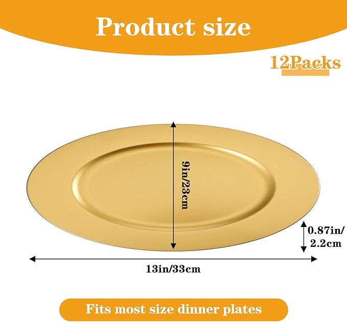 12 Pack Gold Plastic Charger Plates, 13" Round Gold Charger Plates for Wedding, Catering Event, Tabletop Decor