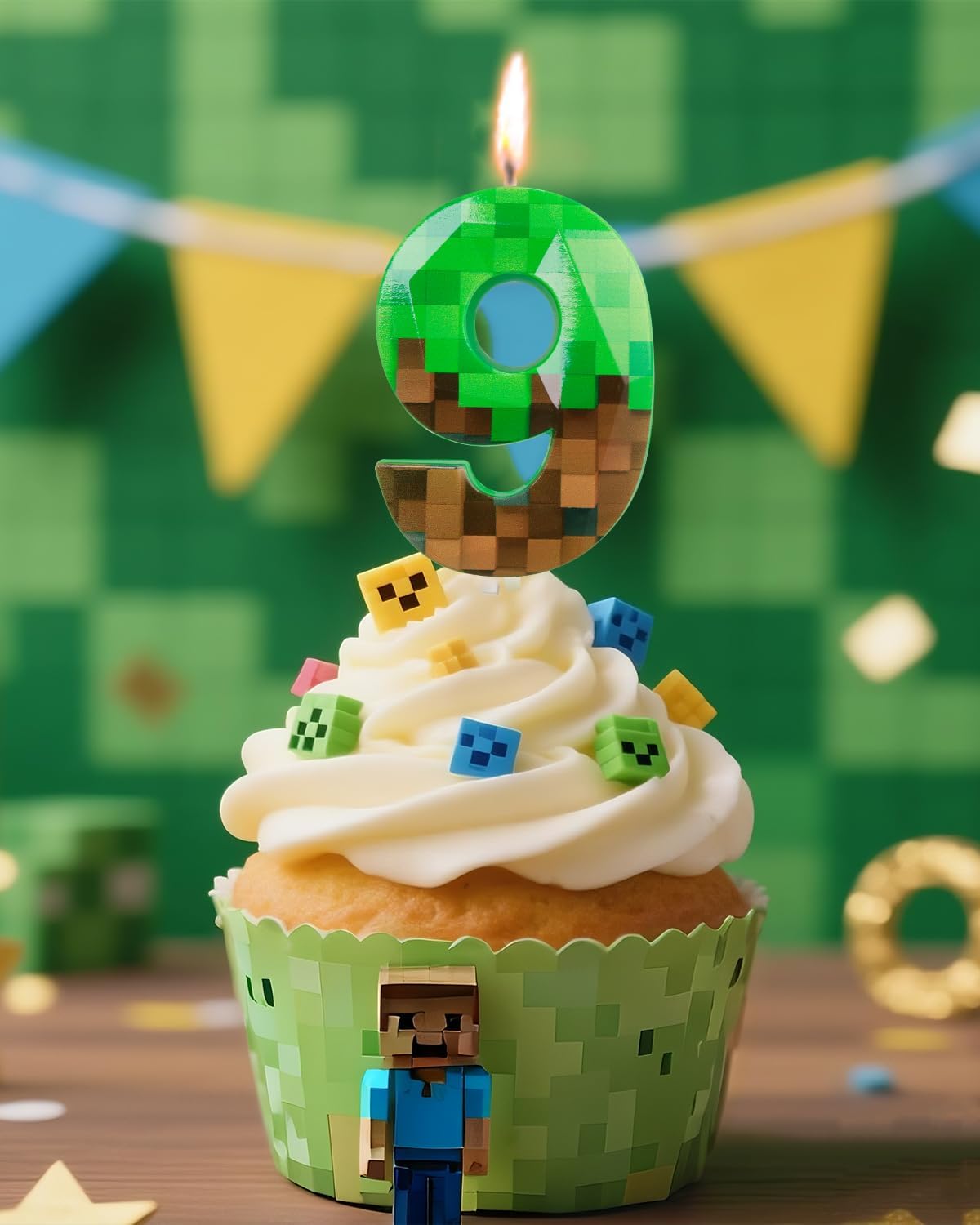 Pixel Birthday Candle, 2.68 Inch Miner Number Candles, Game Themed Candle Birthday Decoration for Pixel Theme Birthday Anniversary Dynamite Video Game Party (Green, 9)