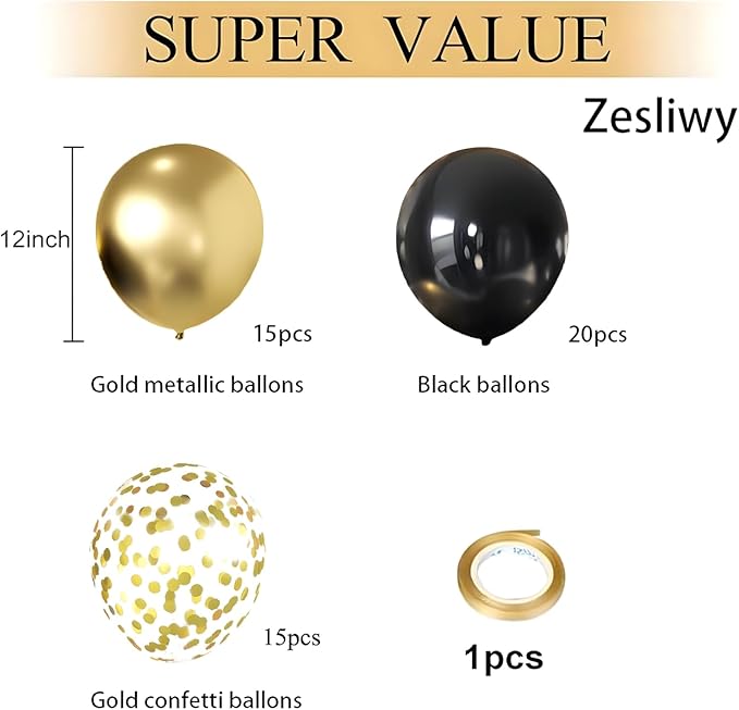 Zesliwy Black and Gold Confetti Balloons, 50 Pack Gold Metallic and Black Latex Balloons for Birthday Graduation Anniversary New Year Party Decorations