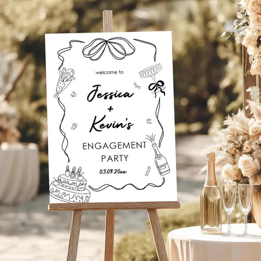 Fun & Playful Engagement Party Welcome Sign with Bow, Cake & Champagne - Custom Couples Yard Sign