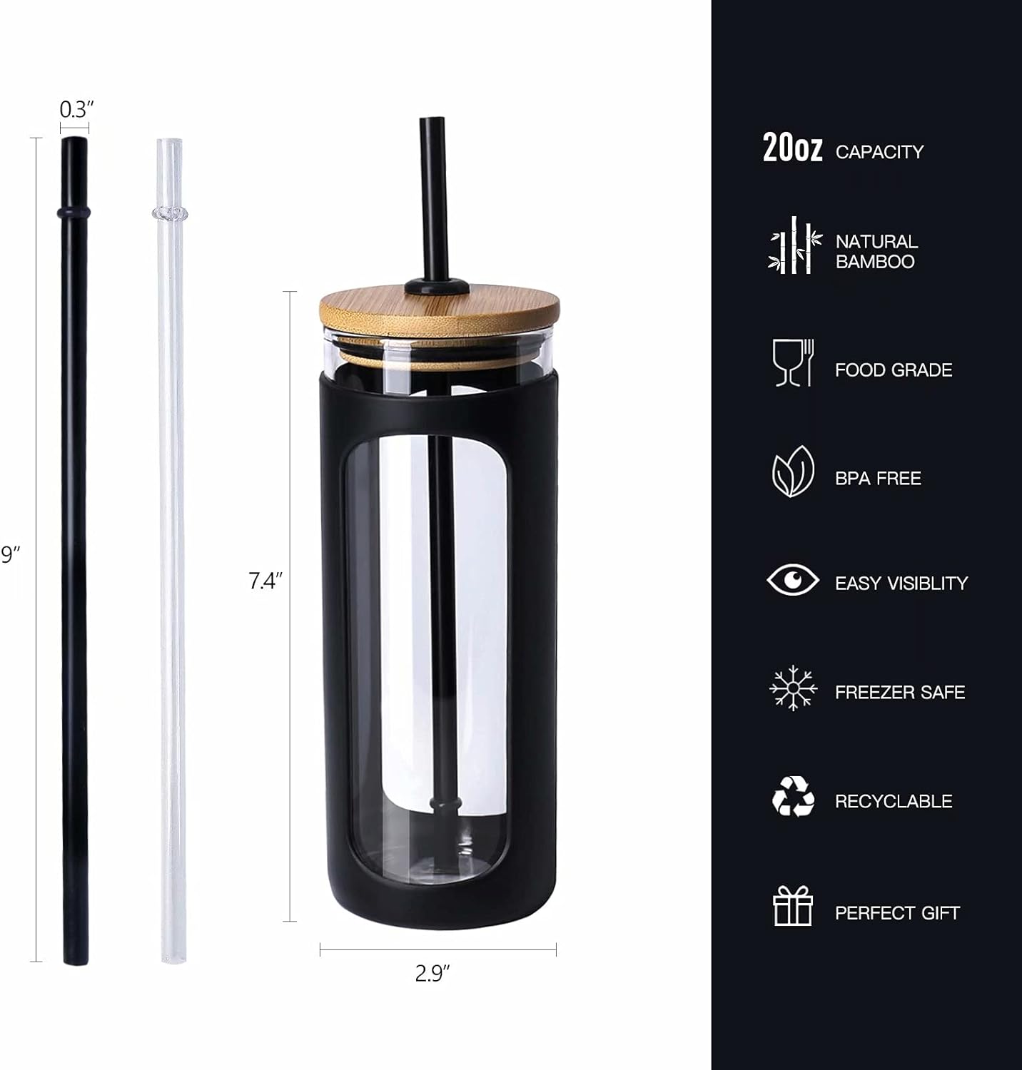 Kodrine 20oz Glass Tumbler with Straw and Lid, Bamboo Lids Water Bottle, Reusable Iced Coffee Cups, Wide Mouth Smoothie Cup with Protective Silicone Sleeve BPA FREE-Black+Pink-2pack