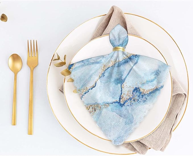 Yibeas Abstract White Blue Marble Cloth Napkins Set of 4 Soft Gold Glitter Veins Fake Stone Texture Washable and Reusable Dinner Napkins for Weddings Parties 18 x 18 inch