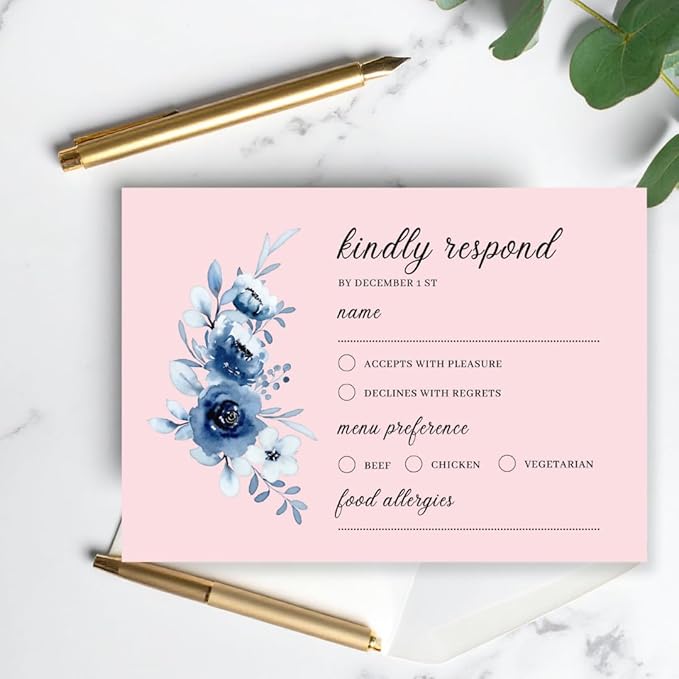 crafty-bell Glossy Finish Personalized Wedding RSVP Response Cards with White Envelopes, Blue Floral Design, 15 Count Respond Cards in Glossy Finish (Pink)
