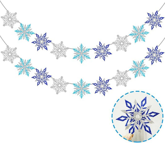 2 Pcs Silver Blue Snowflake Banner, Snowflake Winter Party Decorations, Snowflake Garland Christmas Party Decorations (Mix)