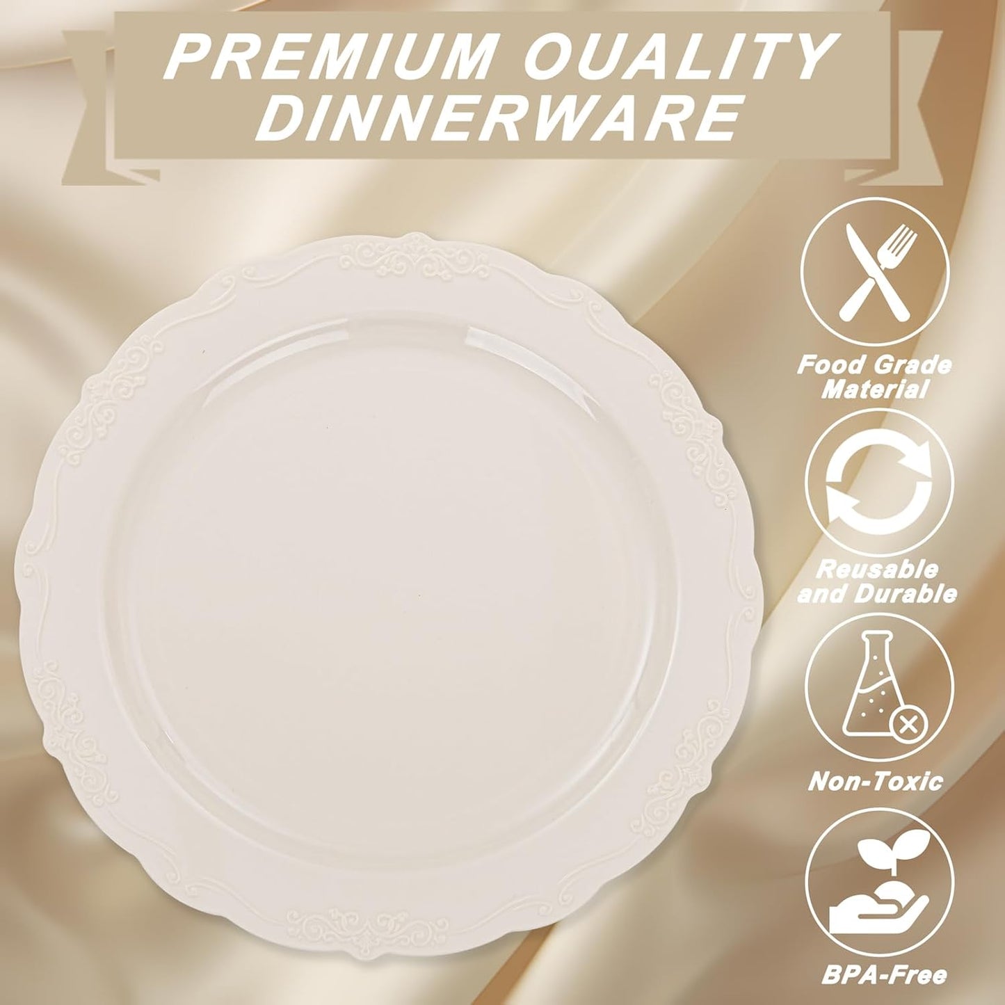 U-QE 100 Pieces Ivory Thanksgiving Plastic Plates for Party - Ivory Disposable Plastic Plates - Heavy Duty Disposable Platos Including 50 Dinner 10 '' & 50 Dessert 7.5 '' for Thanksgiving