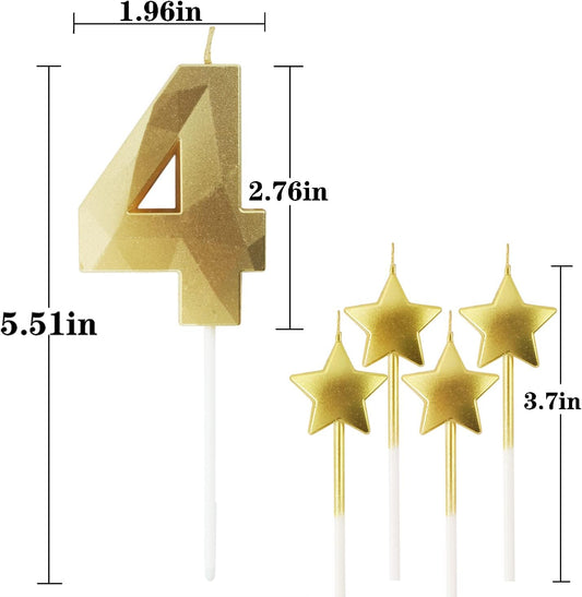 Golden Number 4 Birthday Candles and Star Birthday Candles 2.76 inch Birthday Cake Candles 3D Diamond Shaped Candles are Suitable for Birthday Parties and Anniversary Cake Decorations Candles(Gold 4