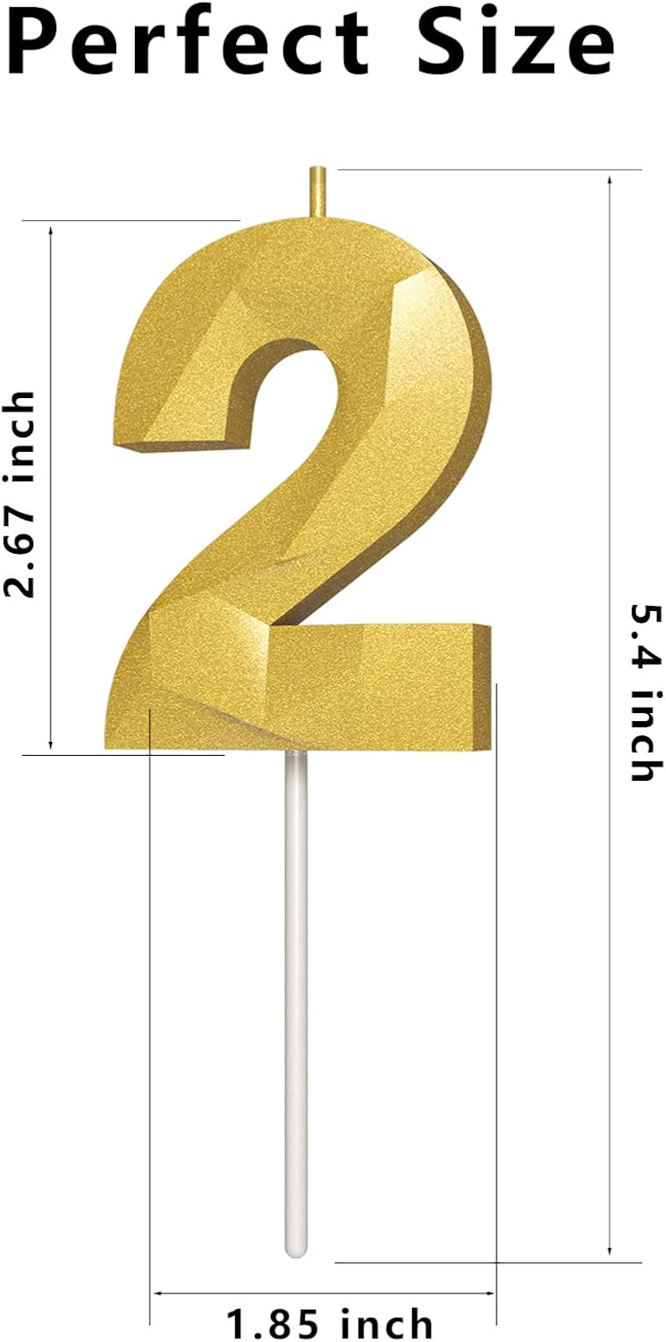 Number Birthday Candles(2 Candle Gold) 3D Diamond Shape Number Happy Birthday Cake Candles for Birthday Party Wedding Decoration Reunions Theme Party