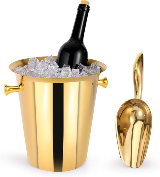 5 Liter Outdoor Gold Ice Bucket with Scoop, Stainless Steel Ice Bucket, Cocktail Bar Wine Party Beverage Cooler, Champagne Bucket，Home Bar Accessory - (Gold)