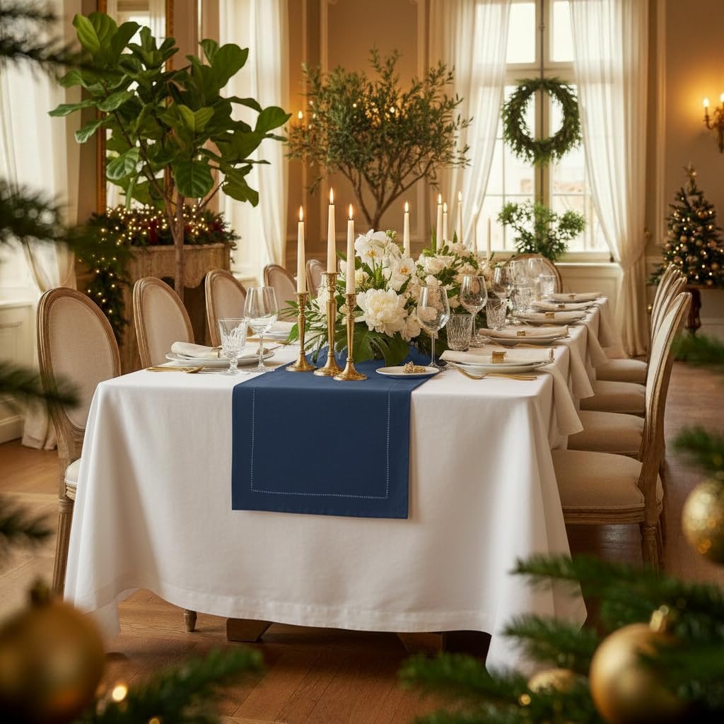 D'Moksha Homes Linen Navy Blue Table Runner 48 Inches - Classic Hemstitch, 100% Pure Linen Coffee Table Runner 14 x 48 Inch Ideal for Dresser Tables - Fall, Autumn and Halloween