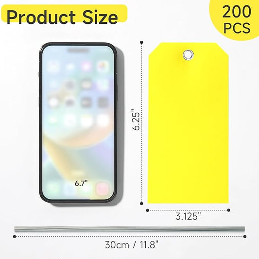 200 Yellow Plastic Hang Tags - 6 1/4 x 3 1/8, Heavy Duty, Write On, Ideal for Equipment, Car Parts, Inventory & Repair