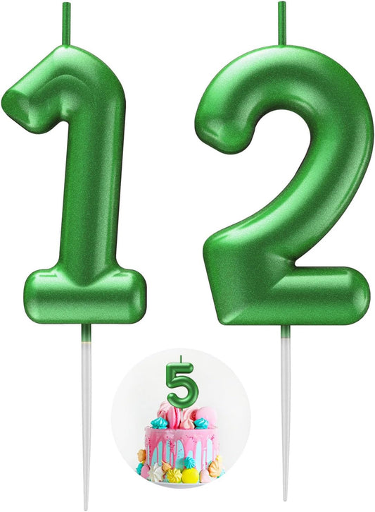 Green Number 12 Candle Happy Birthday 3D Number Candles for Birthday Cake Party Decoration Wedding Anniversary Celebration Supplies