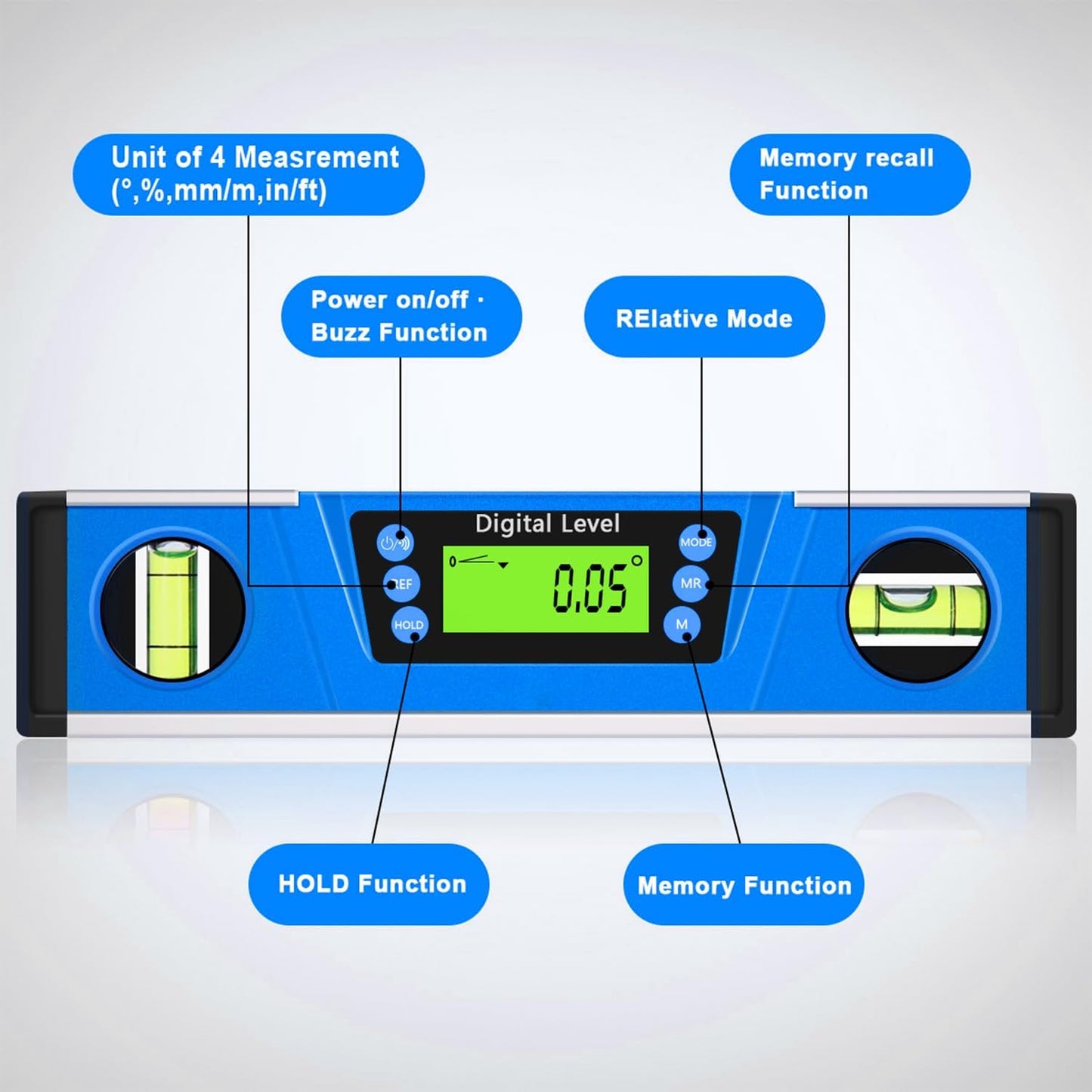 Digital Level and Protractor, 10 Inch IP54 Protected Electronic Bubble Inclinometer Angle Finder Gauge with Large LED Backlight Display & Magnetized V-Groove Base Carrying Bag Included (Blue)