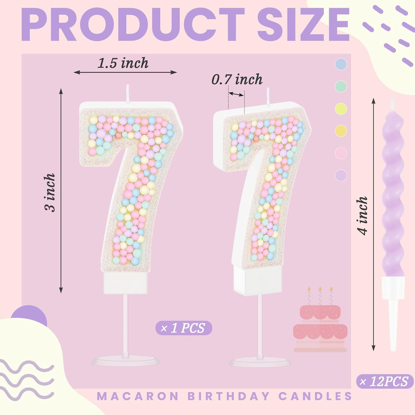 MTLEE Number 7 Birthday Candle with 12 Pcs Spiral Candles for Girls Macaron Pastel Rainbow Unicorn Pink Cake Topper for Sweet Theme Party Decoration