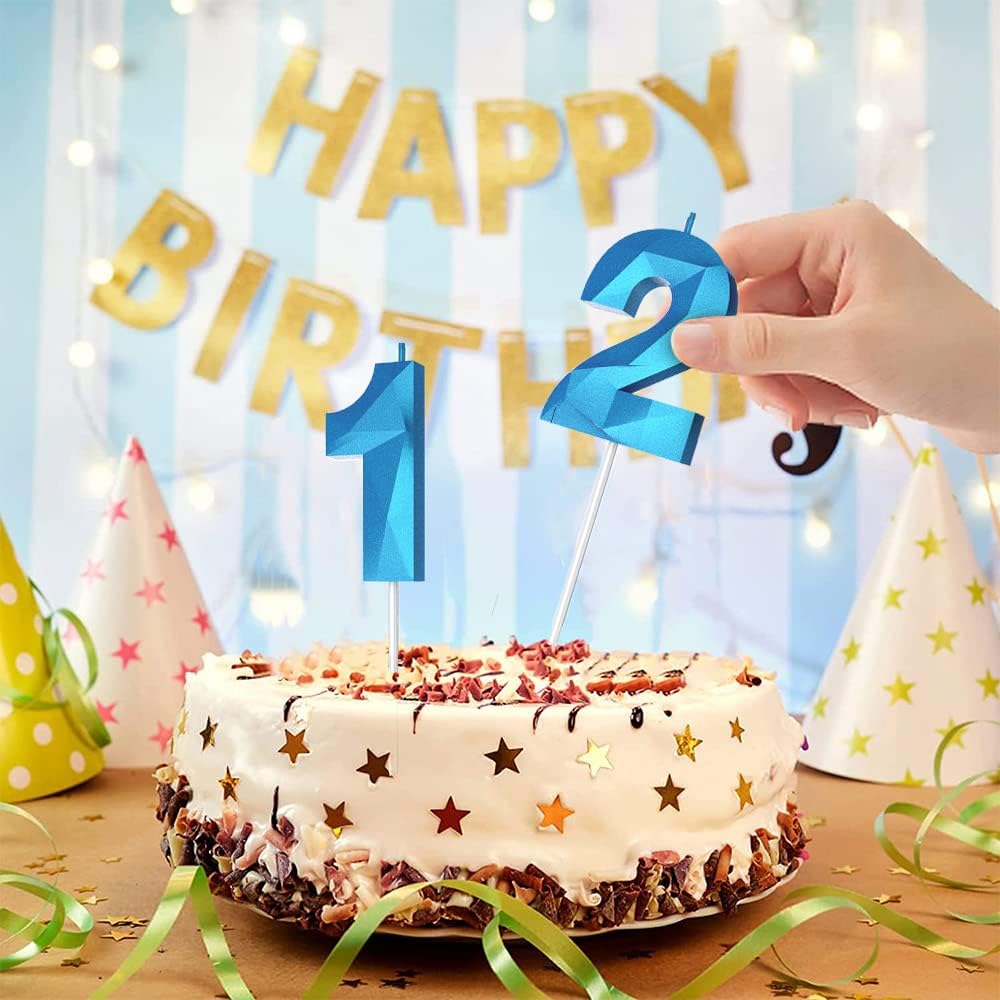 Number Birthday Candles(3 Candle Blue) 3D Diamond Shape Number Happy Birthday Cake Candles for Birthday Party Wedding Decoration Reunions Theme Party