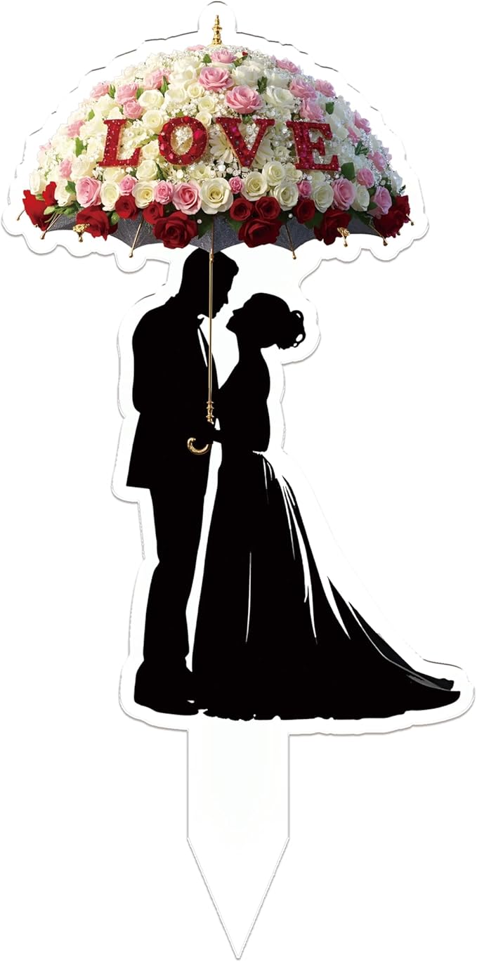 Acrylic Wedding Cake Topper Bride and Groom with Umbrella - Elegant Mr & Mrs Cake Decoration for Wedding Anniversary, Engagement, Just Married Party (2D)