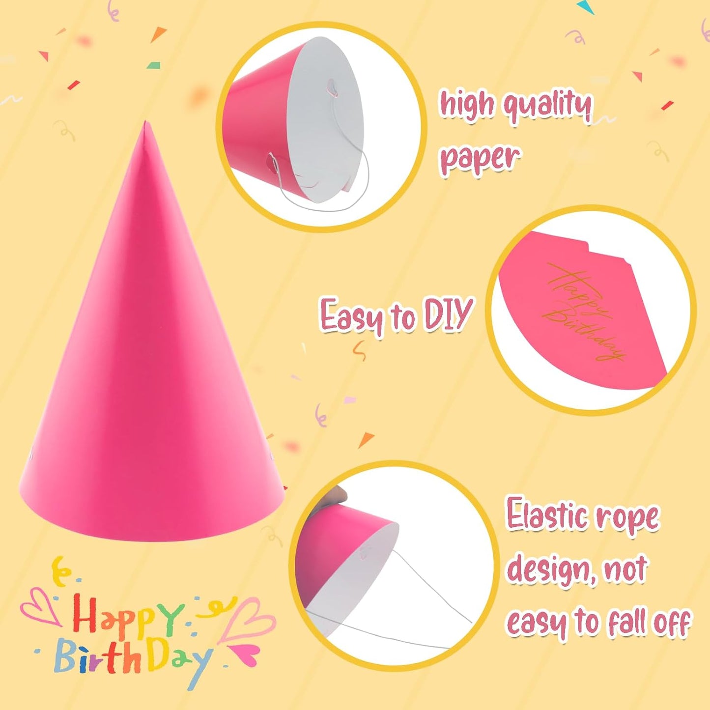 24 PCS Party Cone Hats DIY Birthday Paper Cone Hats for Kids and Adults Birthday, Baby Shower, Bridal Shower